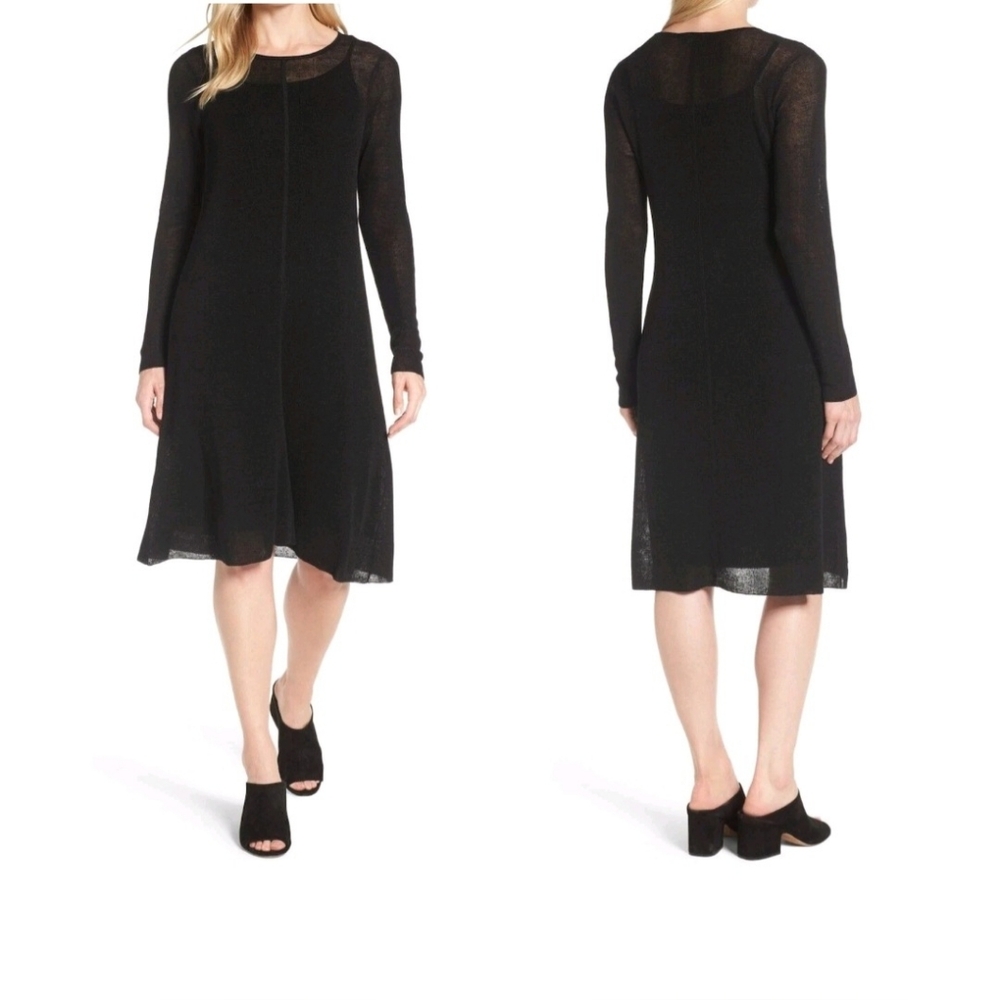 Eileen Fisher Organic Linen Blend Semi Sheer A-Line Dress Size S Black Elegant